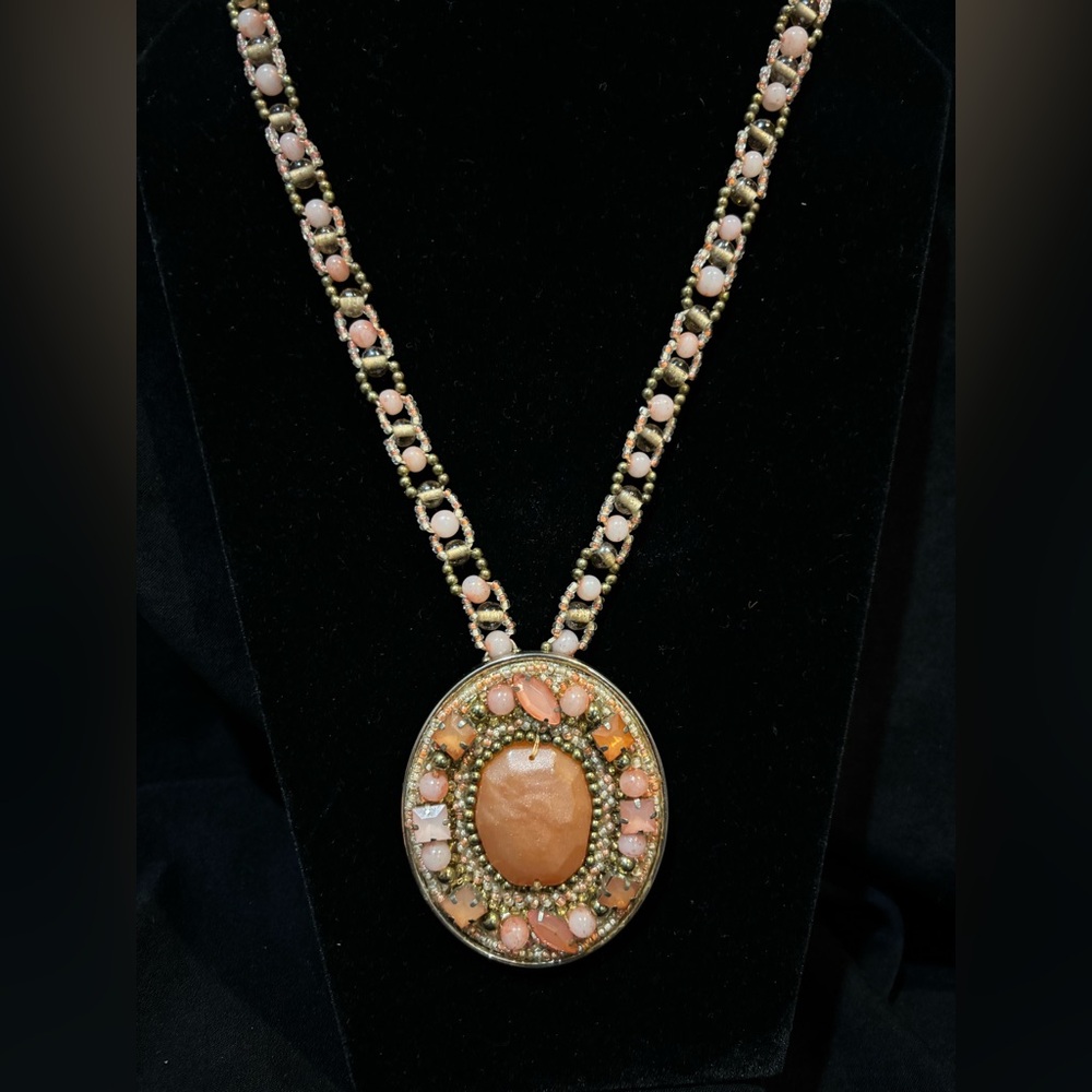 Chicos Large Pendant Statement necklace Pink beaded rose quartz